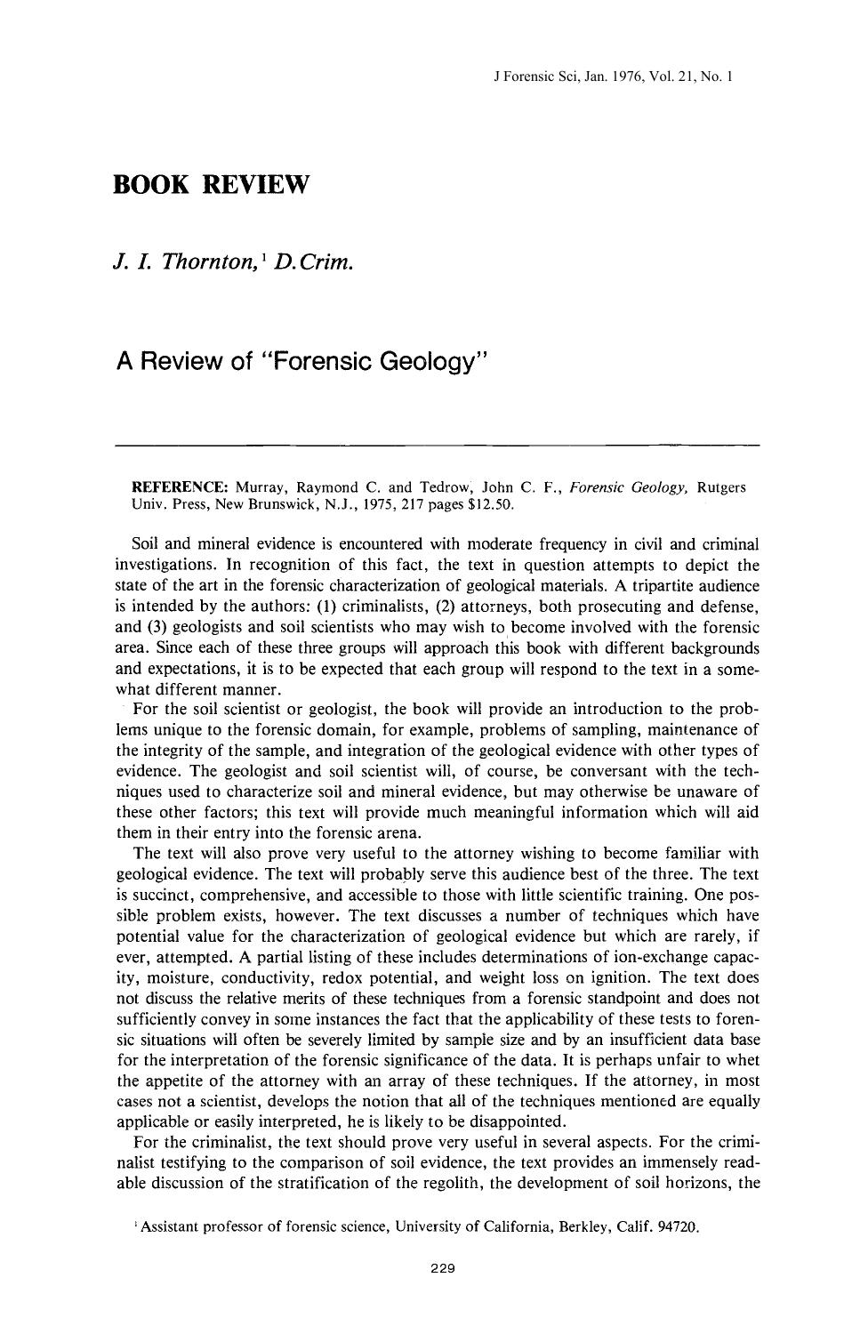 A Review of Forensic Geology by Thornton JI