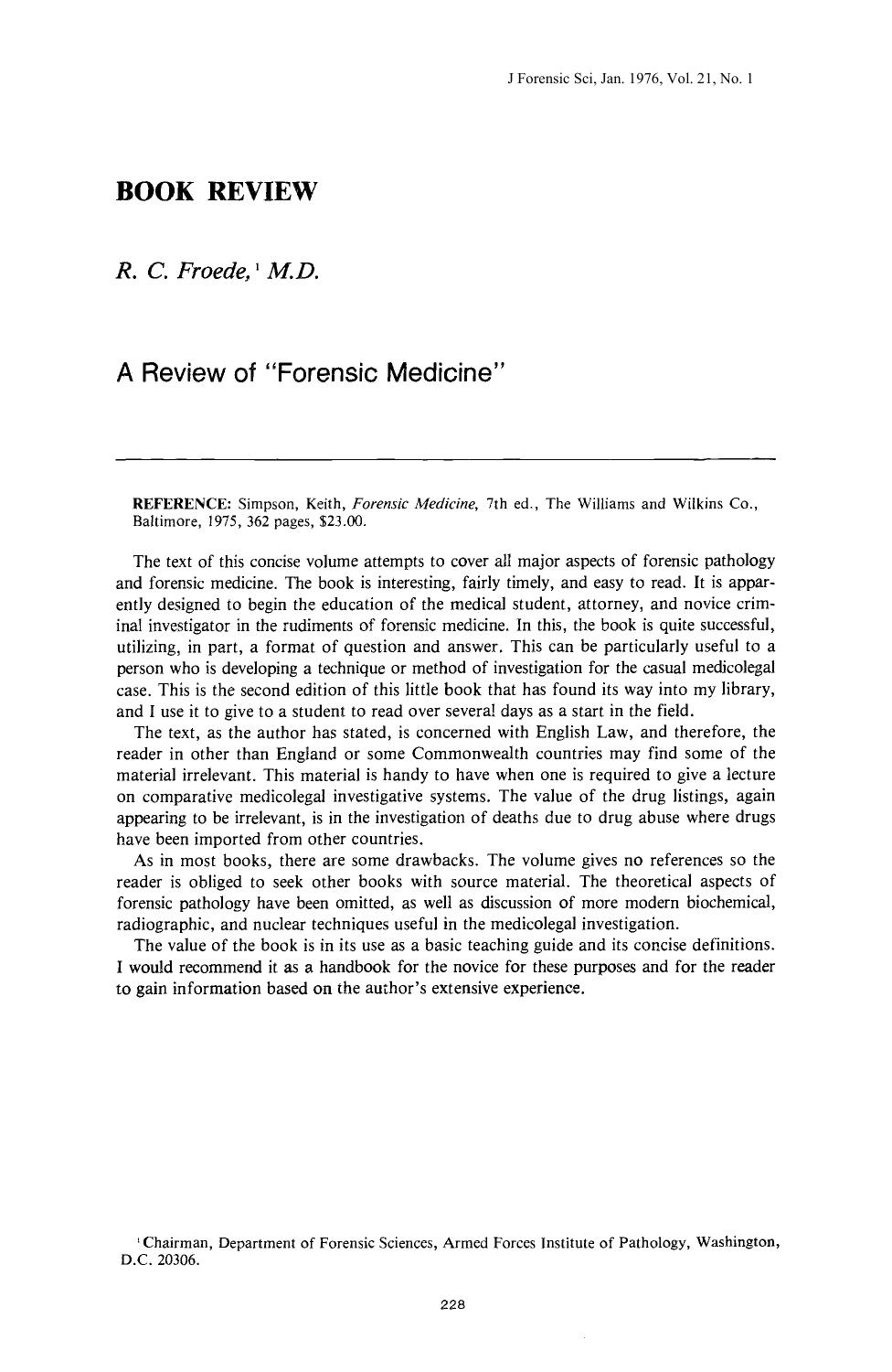A Review of Forensic Medicine by Froede RC