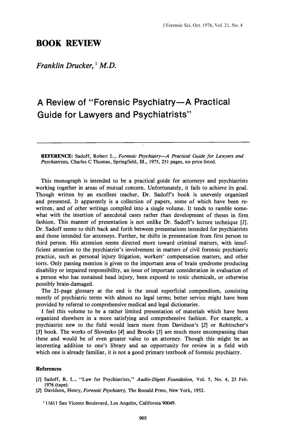 A Review of Forensic PsychiatryA Practical Guide for Lawyers and Psychiatrists by Drucker F