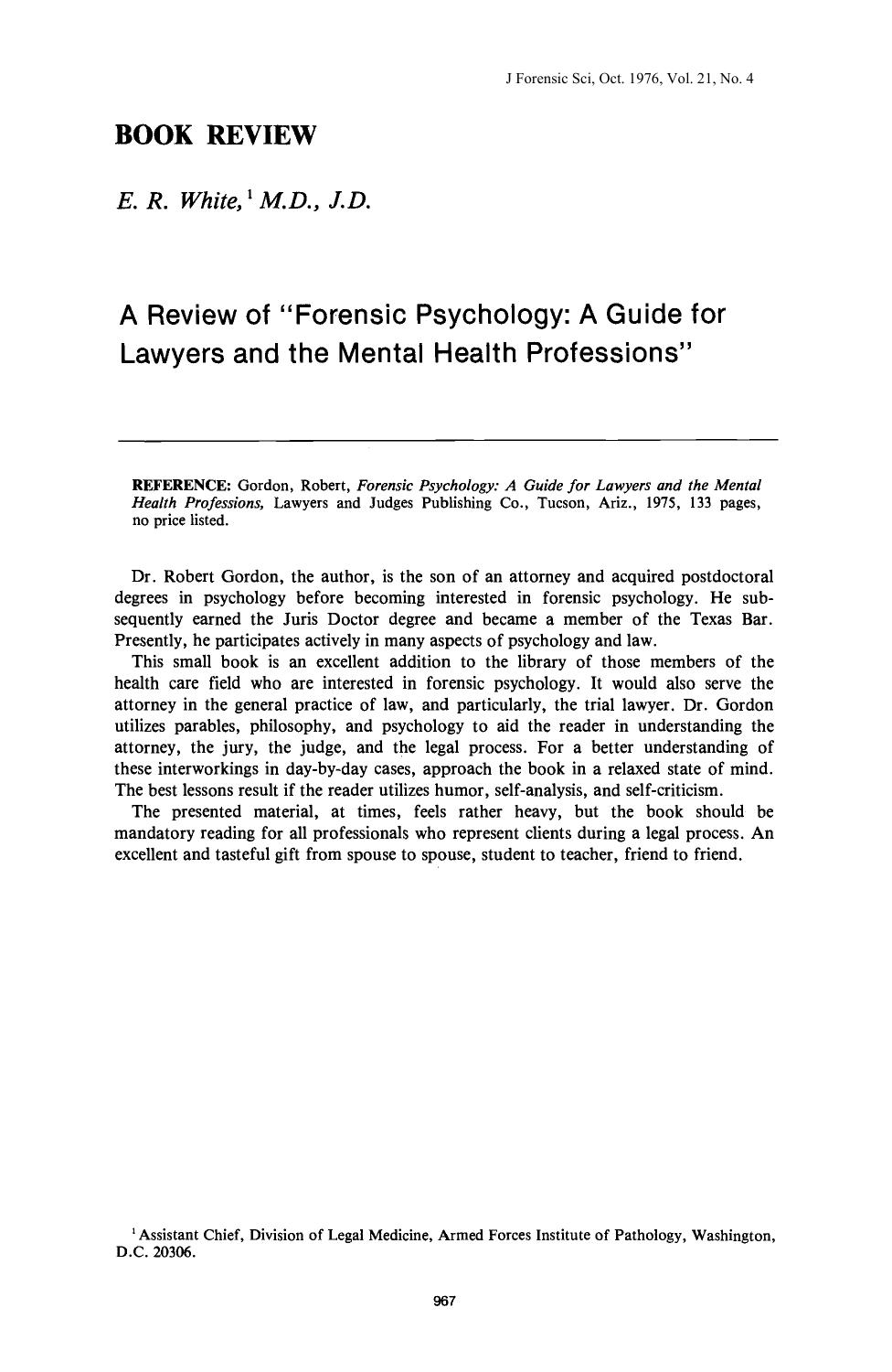 A Review of Forensic Psychology: A Guide for Lawyers and the Mental Health Professions by White ER
