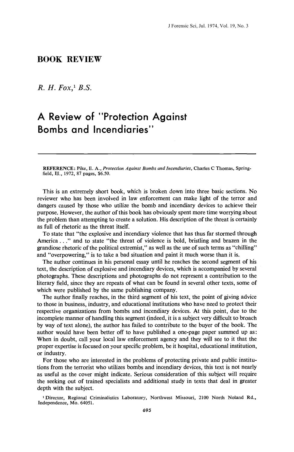 A Review of Protection Against Bombs and Incendiaries by Fox RH