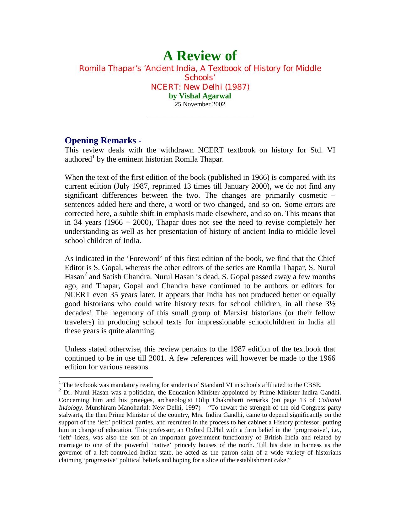 A Review of Romila Thapar Ancient India, A Textbook of History for Middle Schools NCERT by Vishal Agarwal