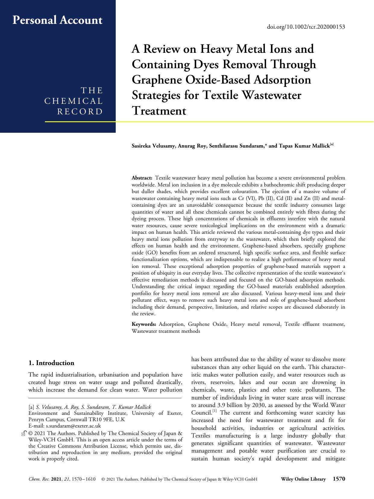 A Review on Heavy Metal Ions and Containing Dyes Removal Through Graphene OxideâBased Adsorption Strategies for Textile Wastewater Treatment by Unknown