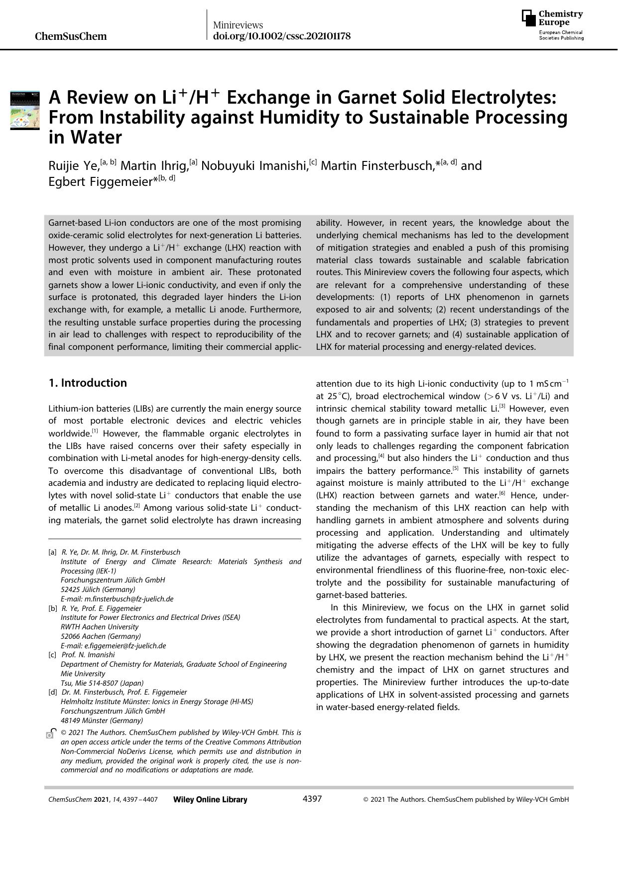 A Review on Li+H+ Exchange in Garnet Solid Electrolytes: From Instability against Humidity to Sustainable Processing in Water by Unknown
