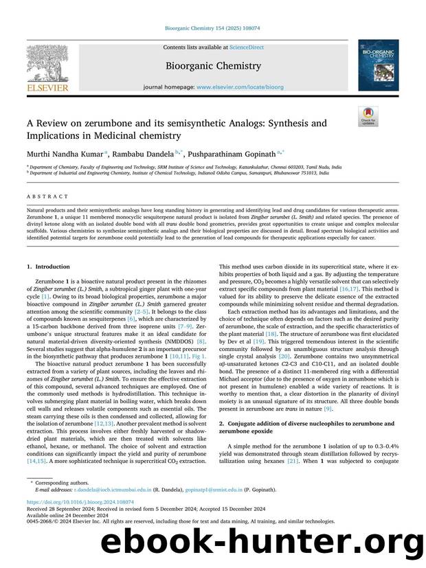 A Review on zerumbone and its semisynthetic Analogs: Synthesis and Implications in Medicinal chemistry by Murthi Nandha Kumar