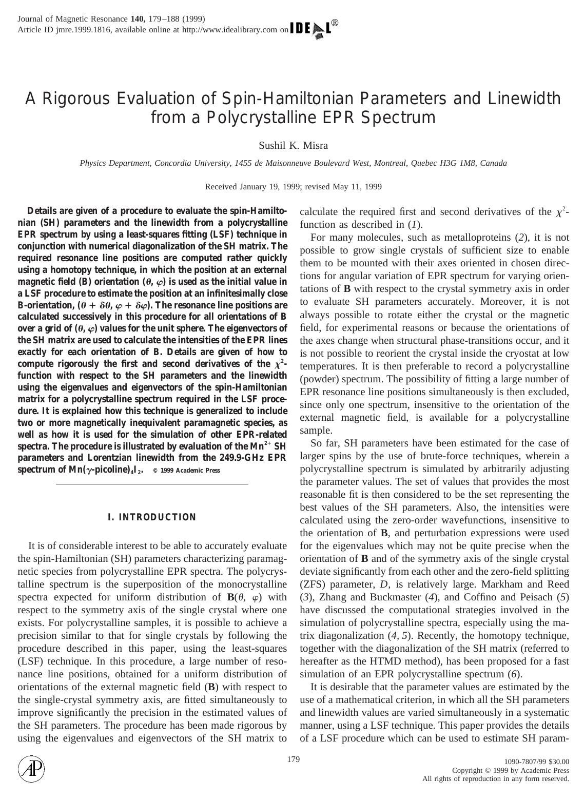 A Rigorous Evaluation of Spin-Hamiltonian Parameters and Linewidth from a Polycrystalline EPR Spectrum by Misra S. K