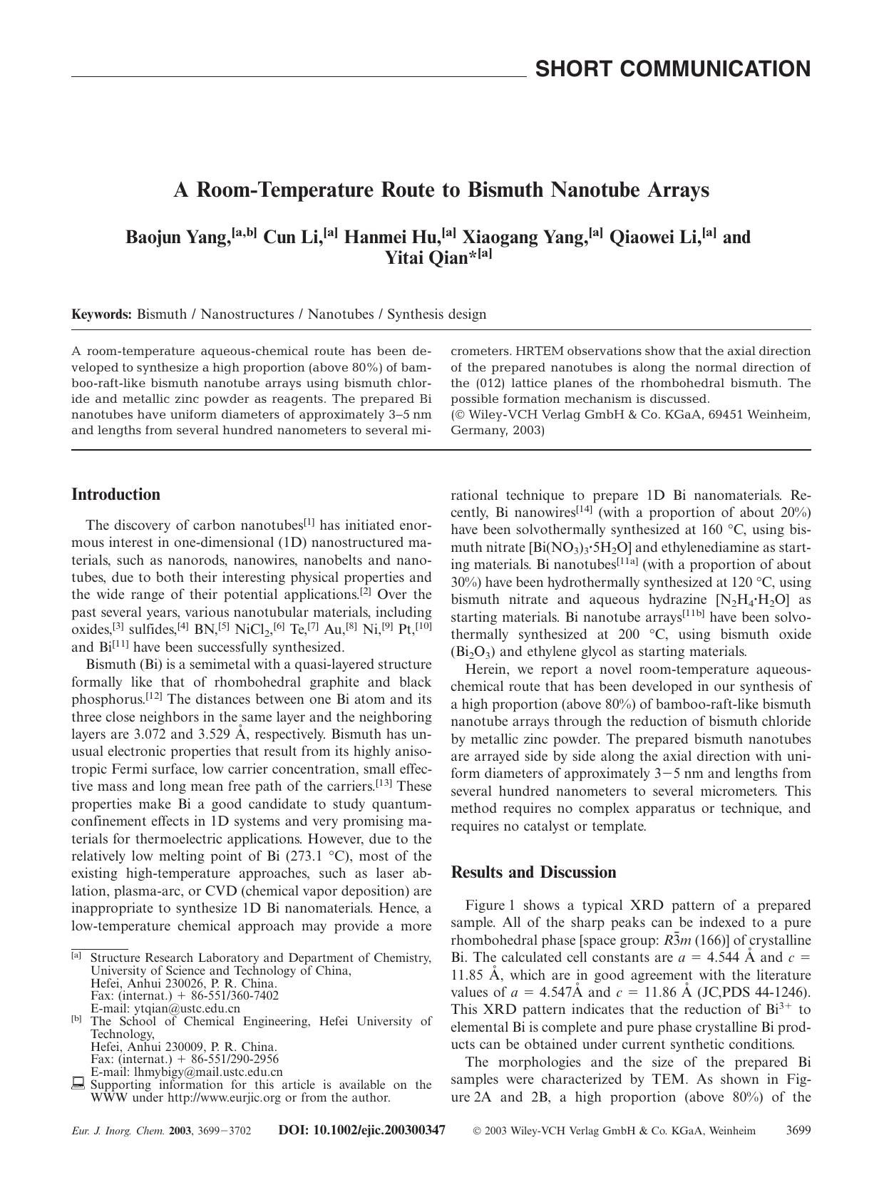 A Room-Temperature Route to Bismuth Nanotube Arrays by Unknown