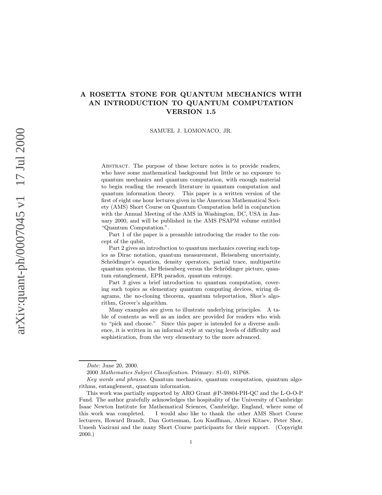 A Rosetta Stone for Quantum Mechanics with an Introduction to Quantum Computation by Unknown