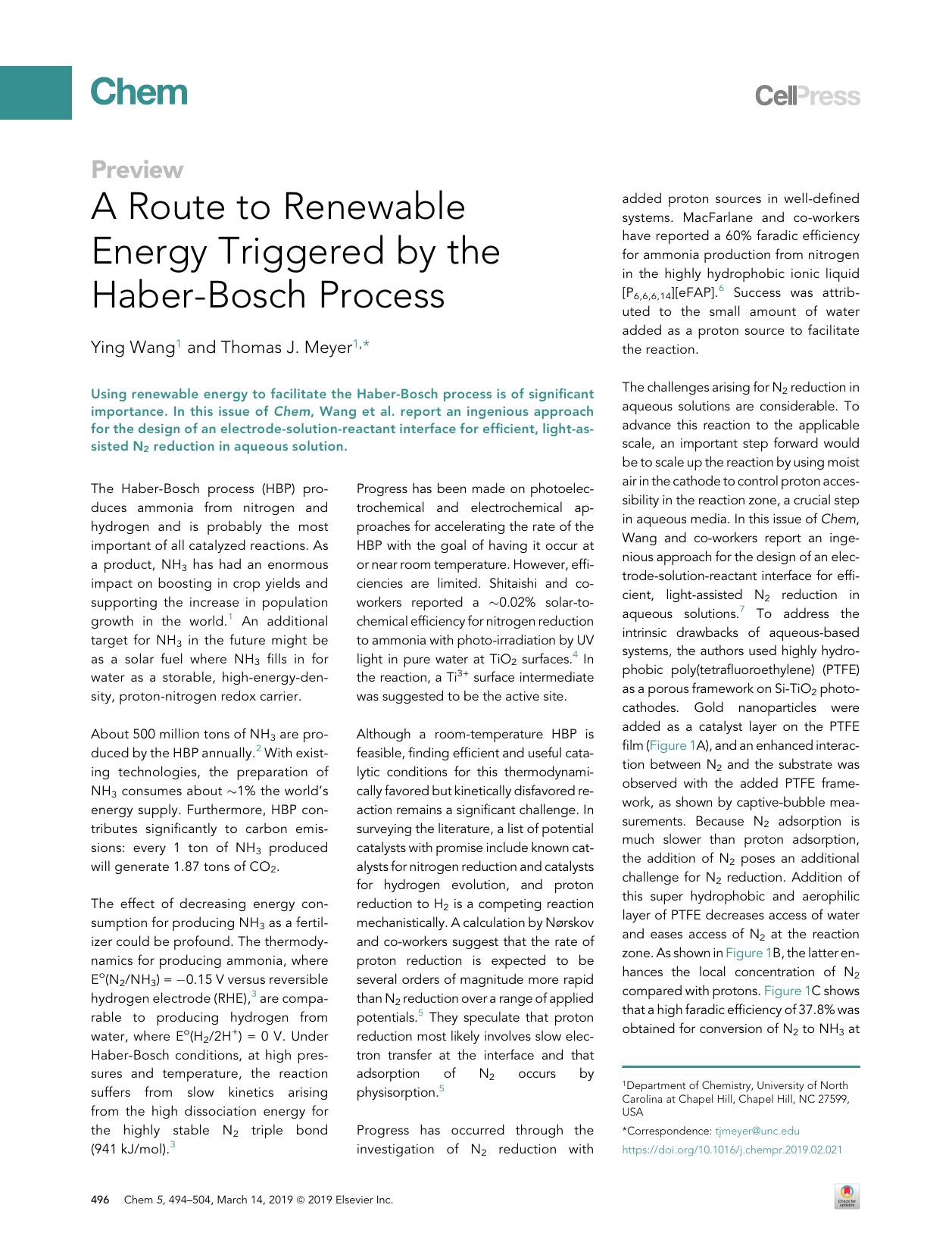 A Route to Renewable Energy Triggered by the Haber-Bosch Process by Ying Wang & Thomas J. Meyer