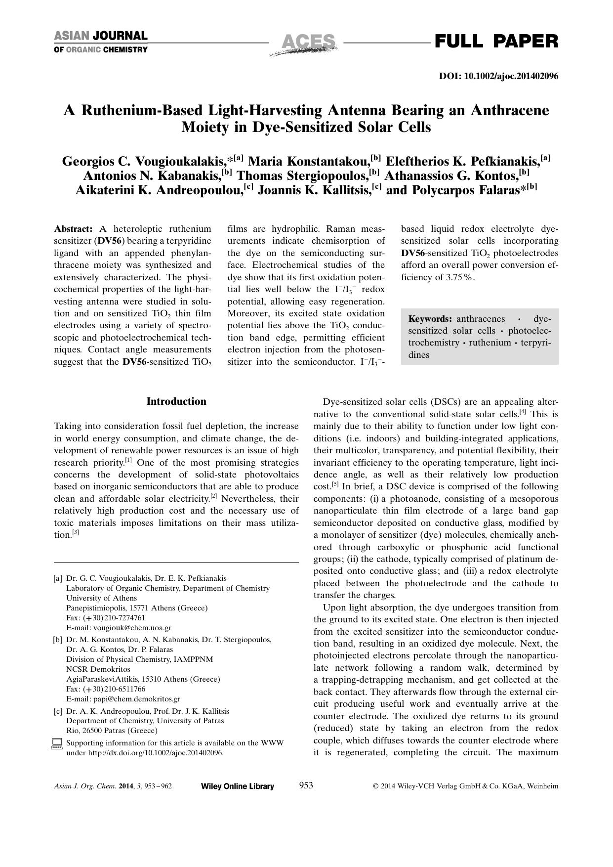 A RutheniumBased LightHarvesting Antenna Bearing an Anthracene Moiety in DyeSensitized Solar Cells by Unknown