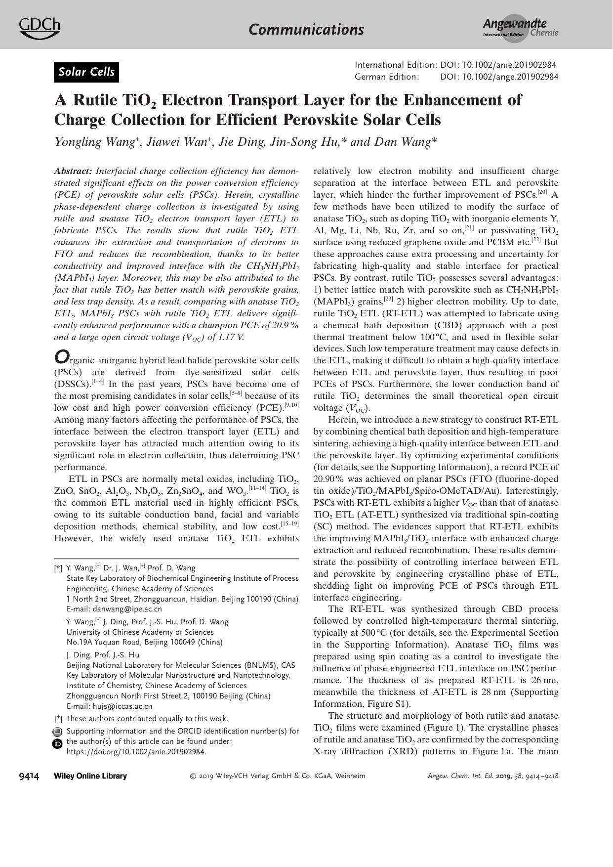 A Rutile TiO2 Electron Transport Layer for the Enhancement of Charge Collection for Efficient Perovskite Solar Cells by Unknown