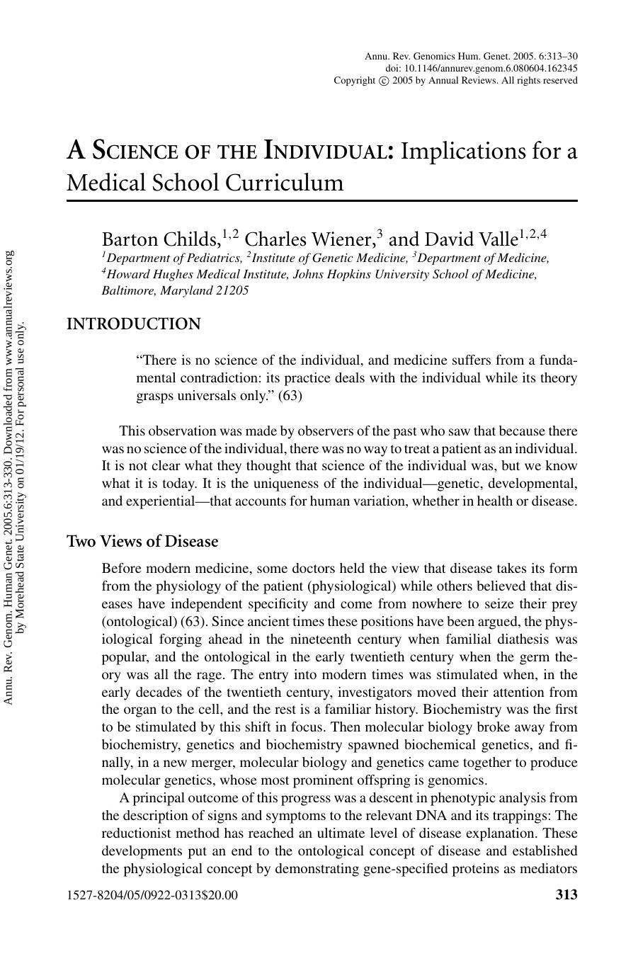 A SCIENCE OF THE INDIVIDUAL: Implications for a Medical School Curriculum by Barton Childs 1 2 Charles Wiener 3 & David Valle1 2 4