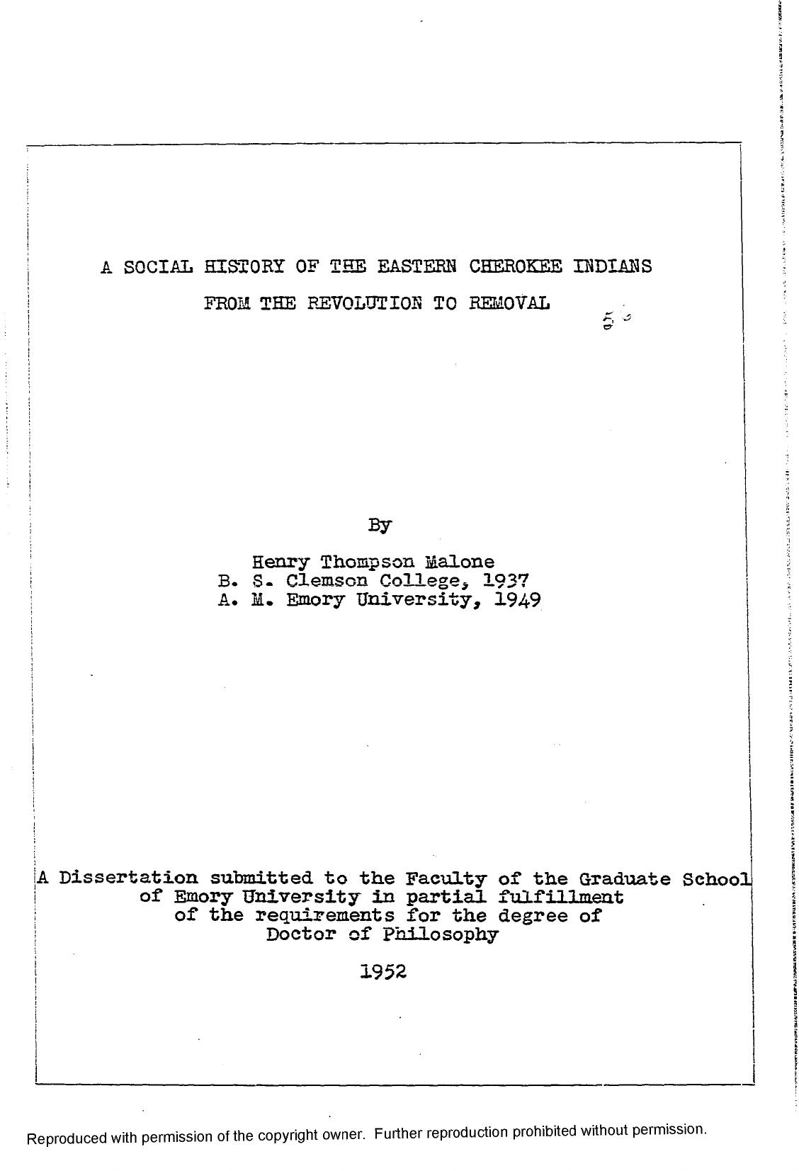 A SOCIAL HISTORY OF THE EASTERN CHEROKEE INDIANS FROM THE REVOLUTION TO REMOVAL by MALONE HENRY THOMPSON