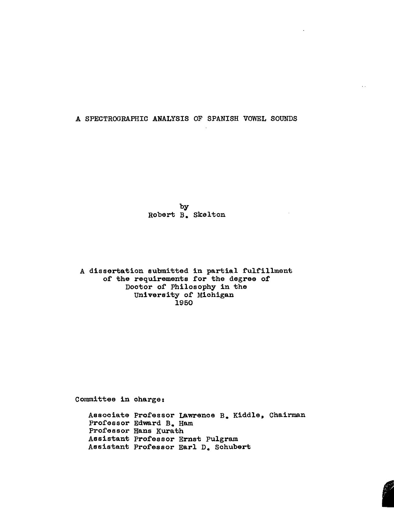A SPECTROGRAPHIC ANALYSIS OF SPANISH VOWEL SOUNDS by SKELTON ROBERT BEATTIE