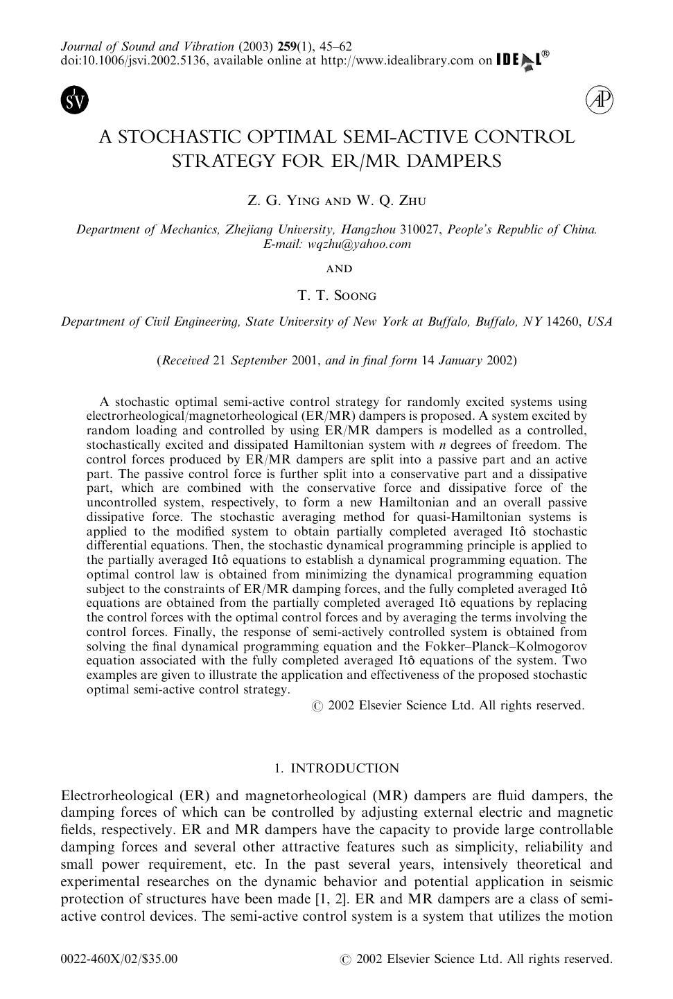 A STOCHASTIC OPTIMAL SEMI-ACTIVE CONTROL STRATEGY FOR ERMR DAMPERS by YING Z. G. et al