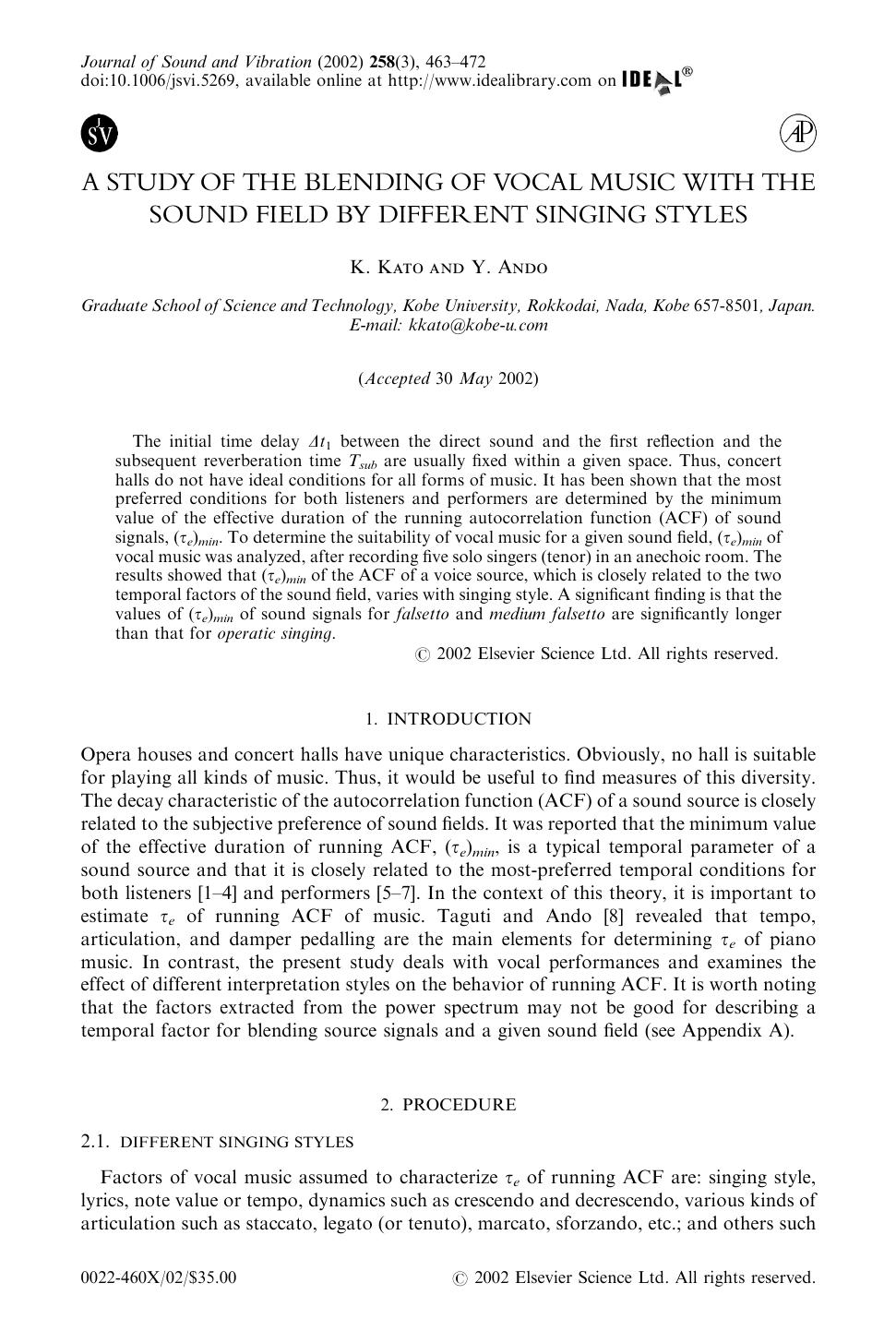 A STUDY OF THE BLENDING OF VOCAL MUSIC WITH THE SOUND FIELD BY DIFFERENT SINGING STYLES by KATO K. & ANDO Y