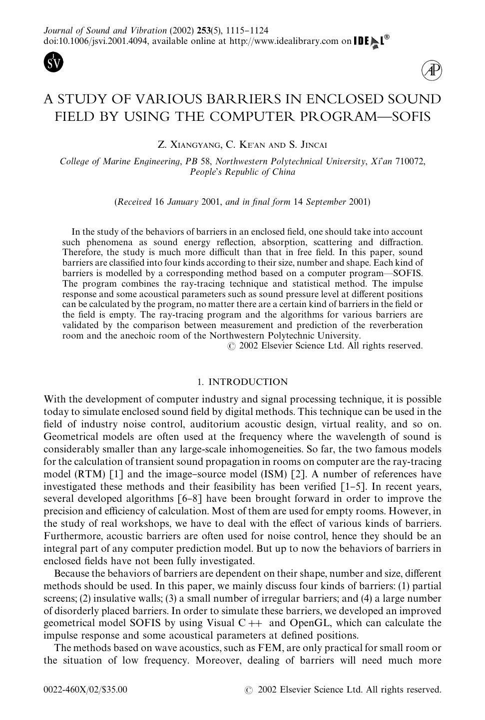 A STUDY OF VARIOUS BARRIERS IN ENCLOSED SOUND FIELD BY USING THE COMPUTER PROGRAMâSOFIS by XIANGYANG Z. et al