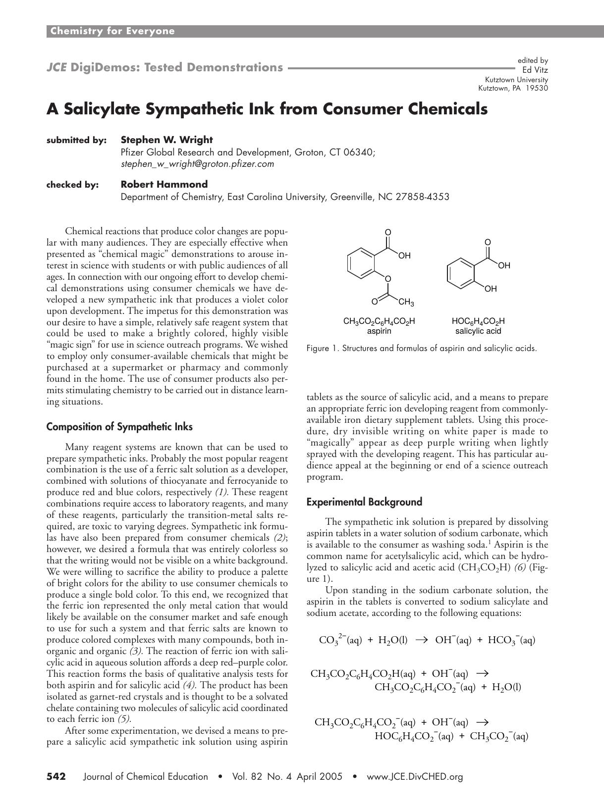 A Salicylate Sympathetic Ink from Consumer Chemicals by Stephen W. Wright