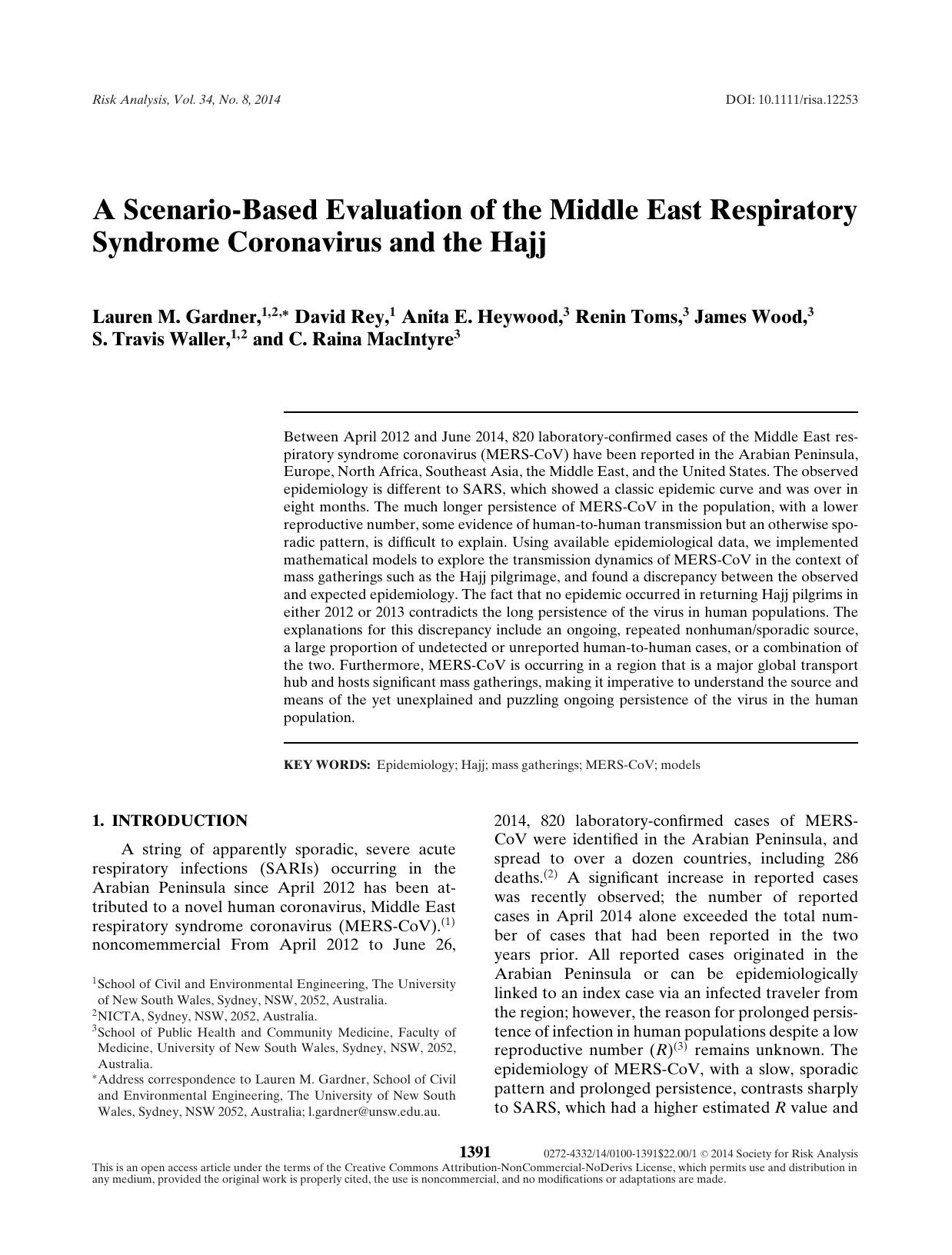 A Scenario‐Based Evaluation of the Middle East Respiratory Syndrome Coronavirus and the Hajj by Unknown
