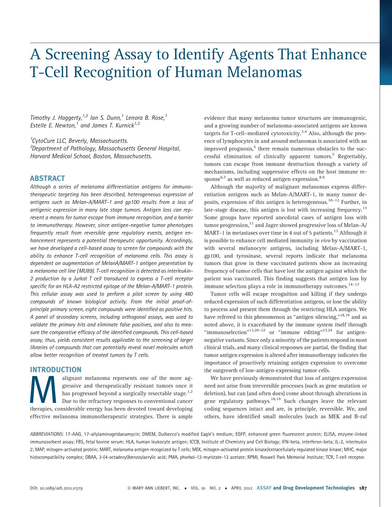 A Screening Assay to Identify Agents That Enhance T-Cell Recognition of Human Melanomas by unknow