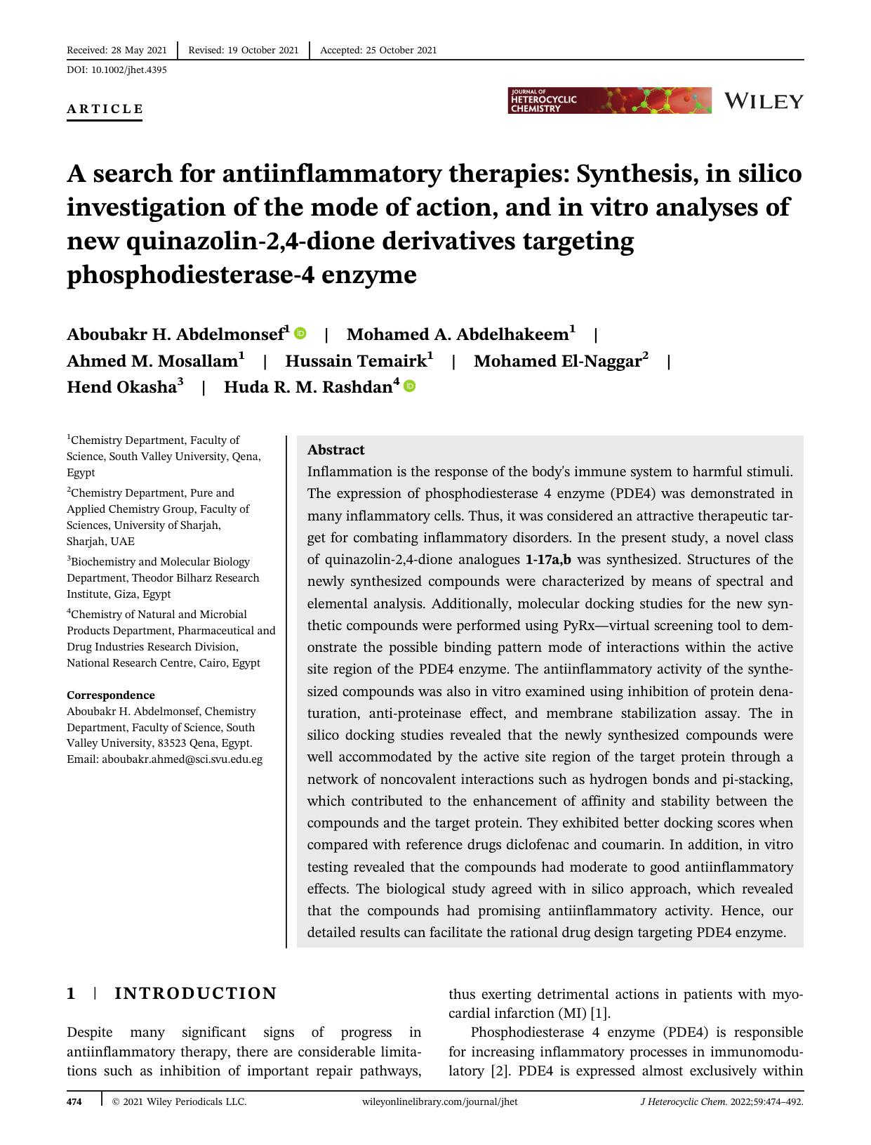 A Search for Anti-inflammatory Therapies: Synthesis, In silico Investigation of the Mode of Action and In vitro Analyses of New Quinazolin-2,4-dione Derivatives Targeting Phosphodiesterase-4 Enzyme by Unknown