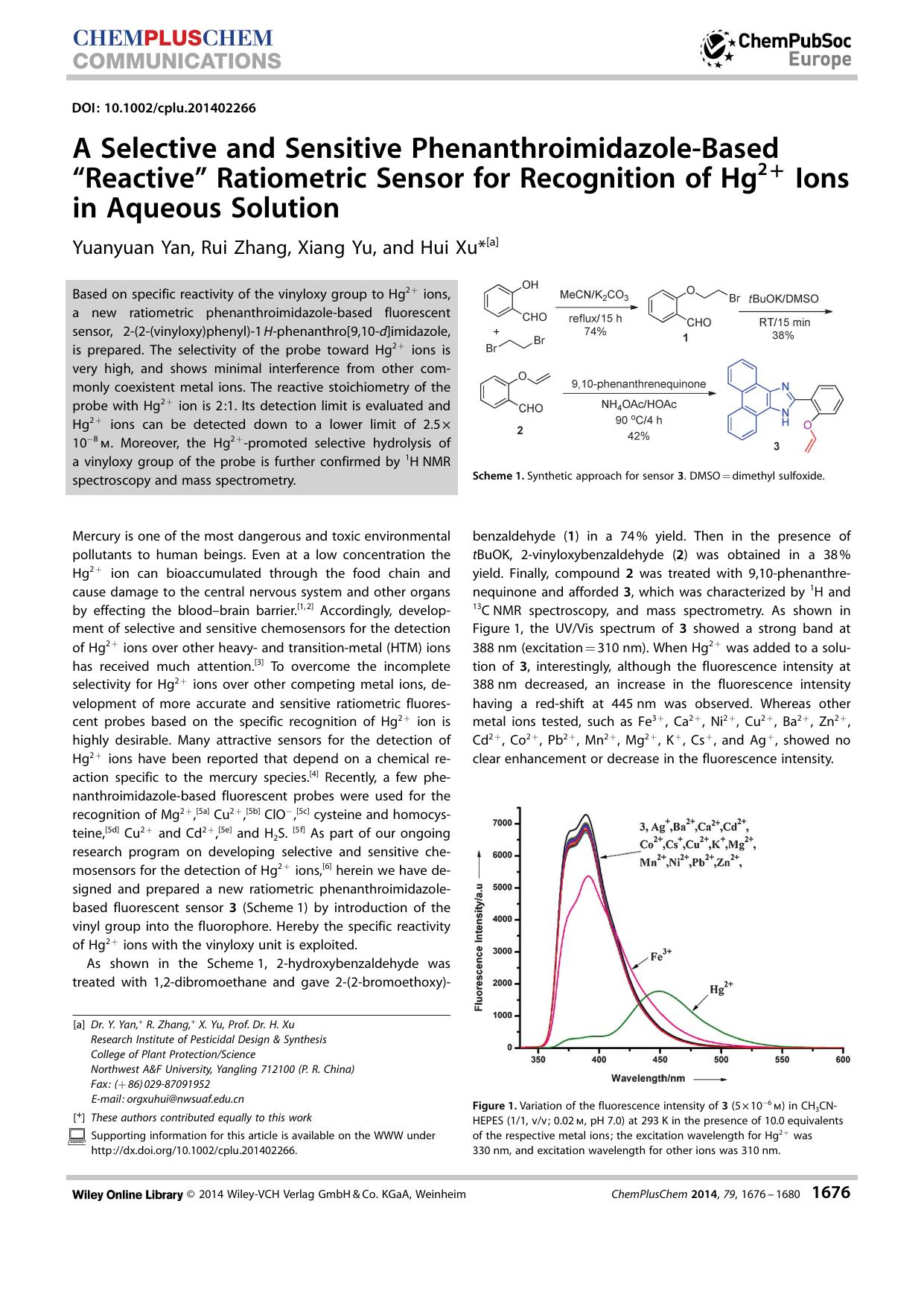 A Selective and Sensitive PhenanthroimidazoleBased Reactive Ratiometric Sensor for Recognition of Hg2+ Ions in Aqueous Solution by Unknown