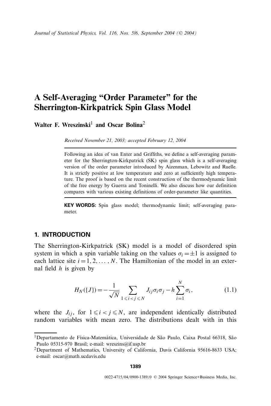 A Self-Averaging “Order Parameter” for the Sherrington-Kirkpatrick Spin Glass Model by Unknown