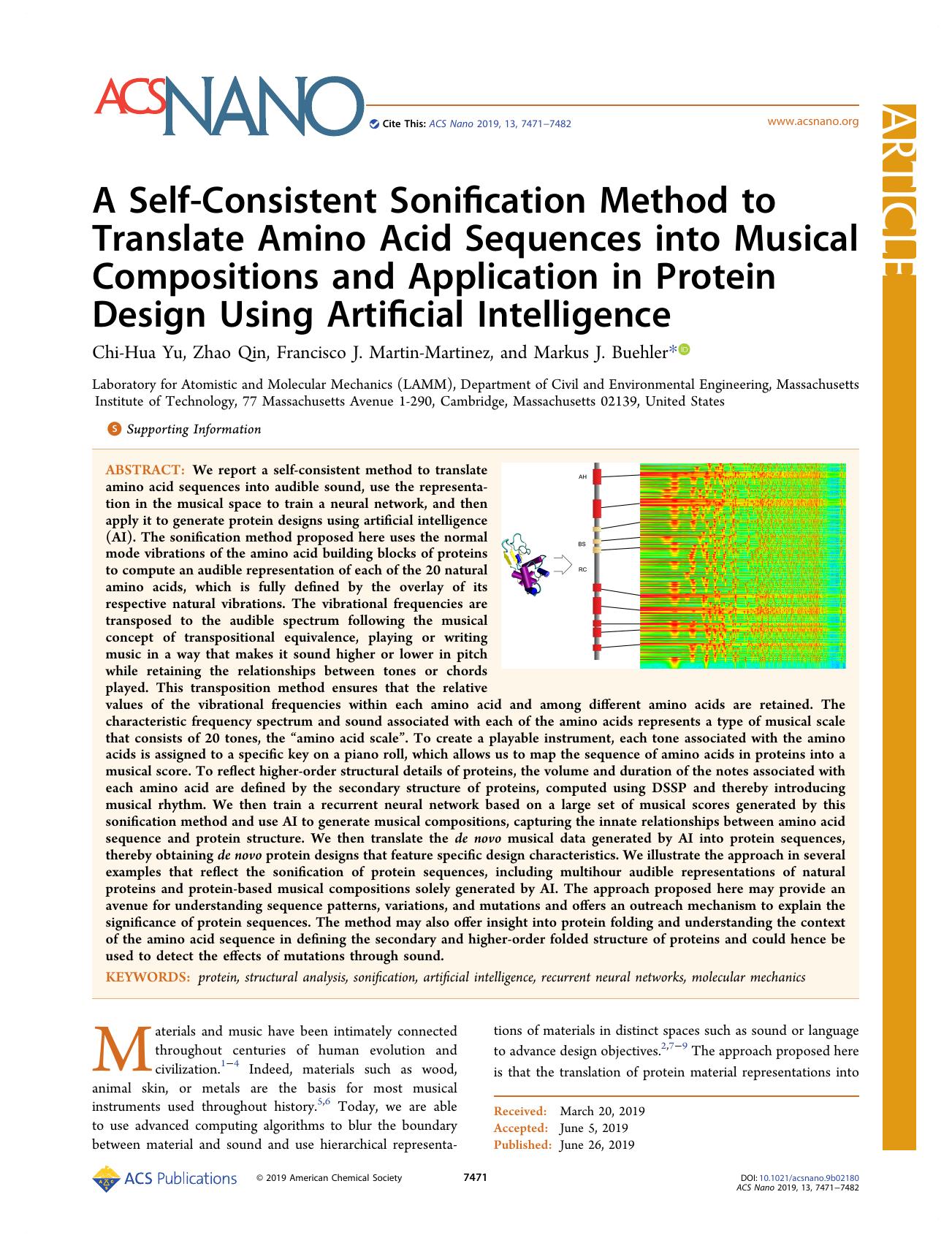 A Self-Consistent Sonification Method to Translate Amino Acid Sequences into Musical Compositions and Application in Protein Design Using Artificial Intelligence by Chi-Hua Yu Zhao Qin Francisco J. Martin-Martinez and Markus J. Buehler