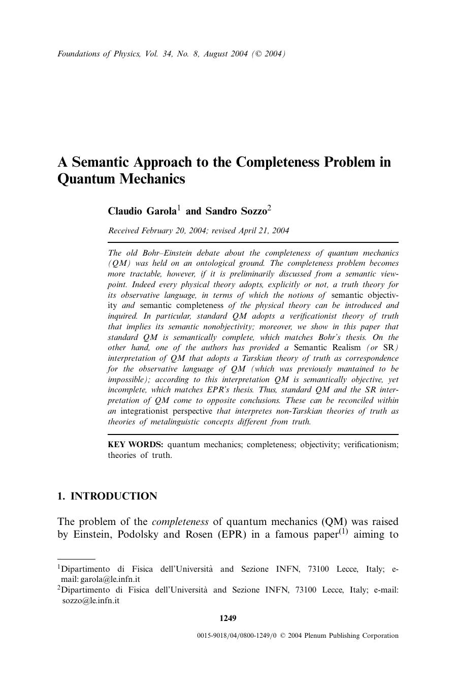 A Semantic Approach to the Completeness Problem in Quantum Mechanics by Unknown