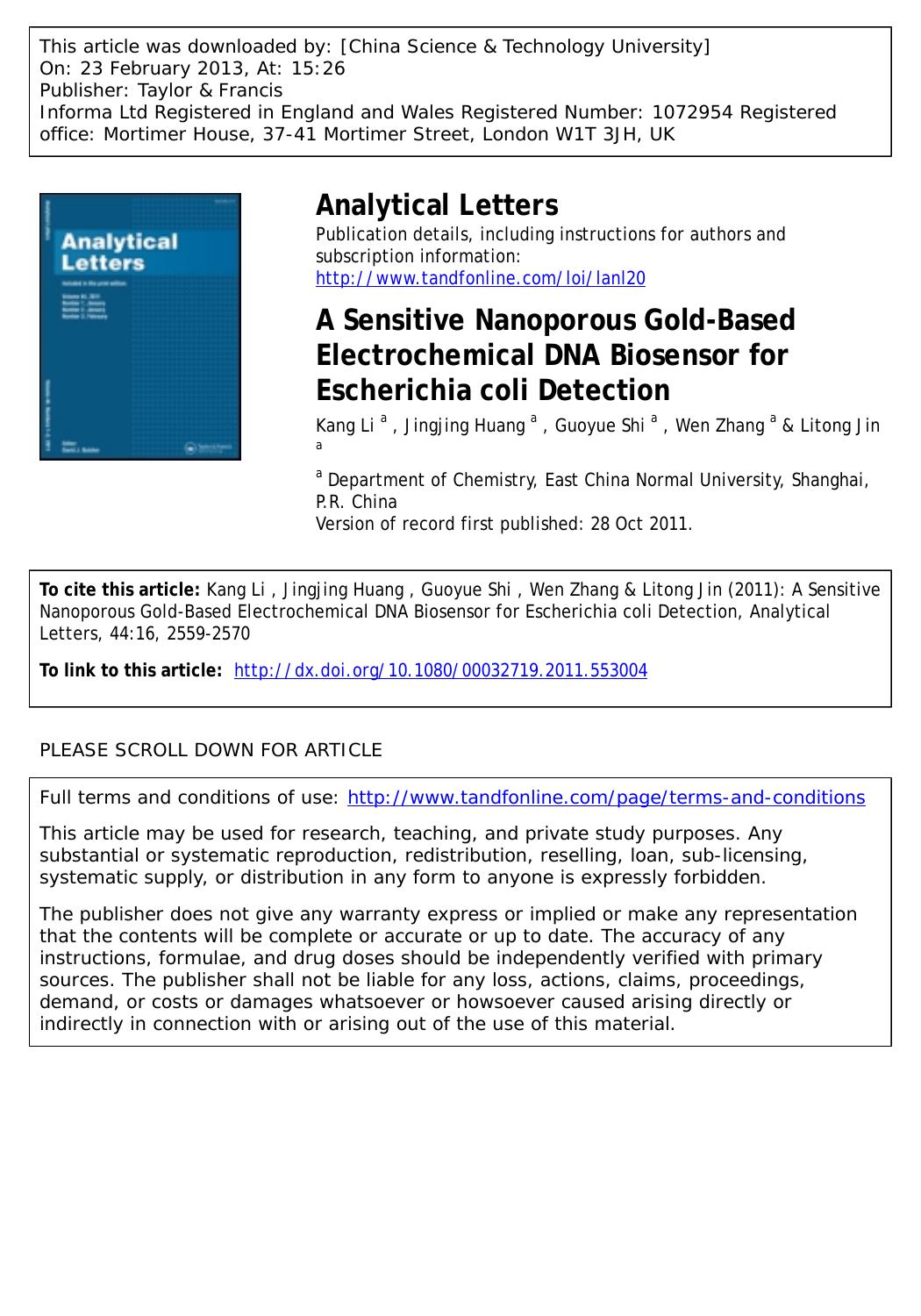 A Sensitive Nanoporous Gold-Based Electrochemical DNA Biosensor for Escherichia coli Detection by Kang Li Jingjing Huang Guoyue Shi Wen Zhang & Litong Jin