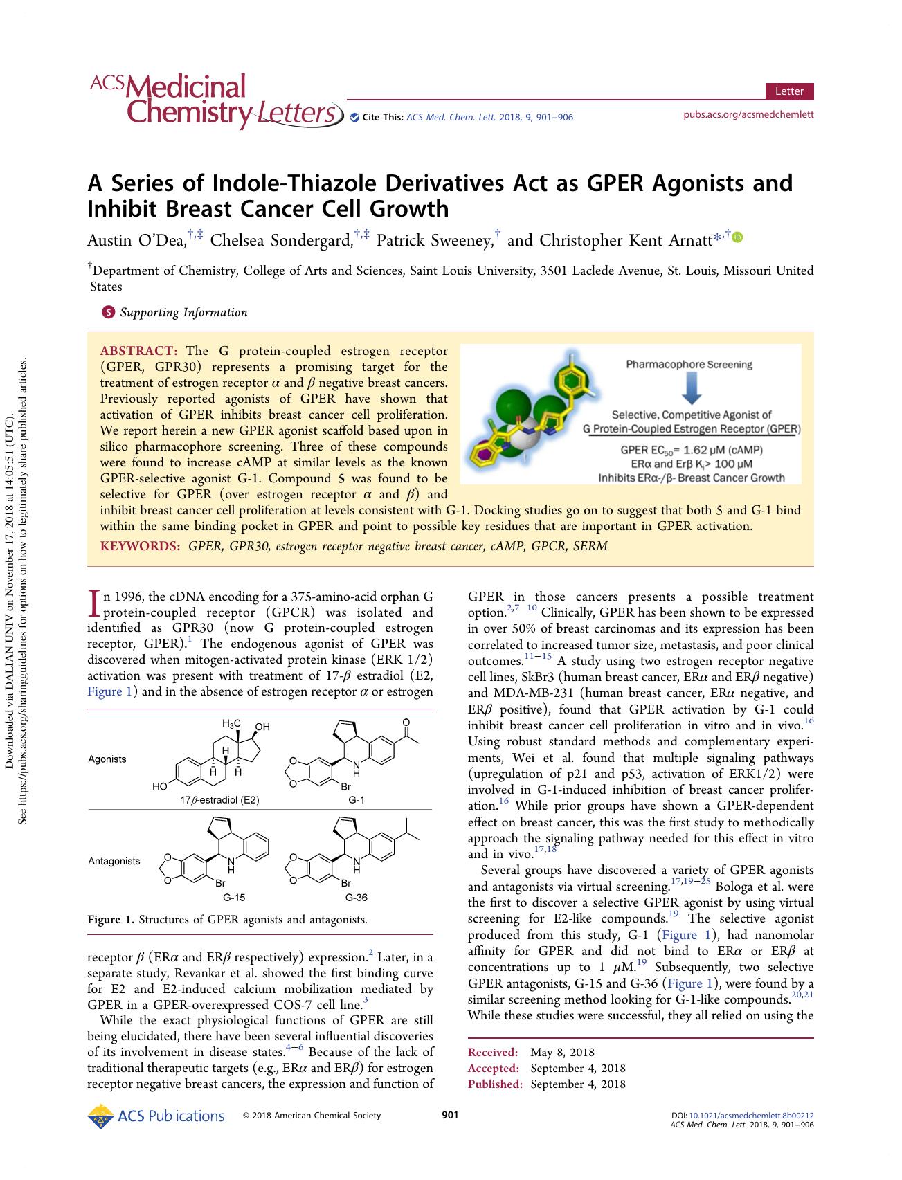 A Series of Indole-Thiazole Derivatives Act as GPER Agonists and Inhibit Breast Cancer Cell Growth by Austin O’Dea & Chelsea Sondergard & Patrick Sweeney & Christopher Kent Arnatt