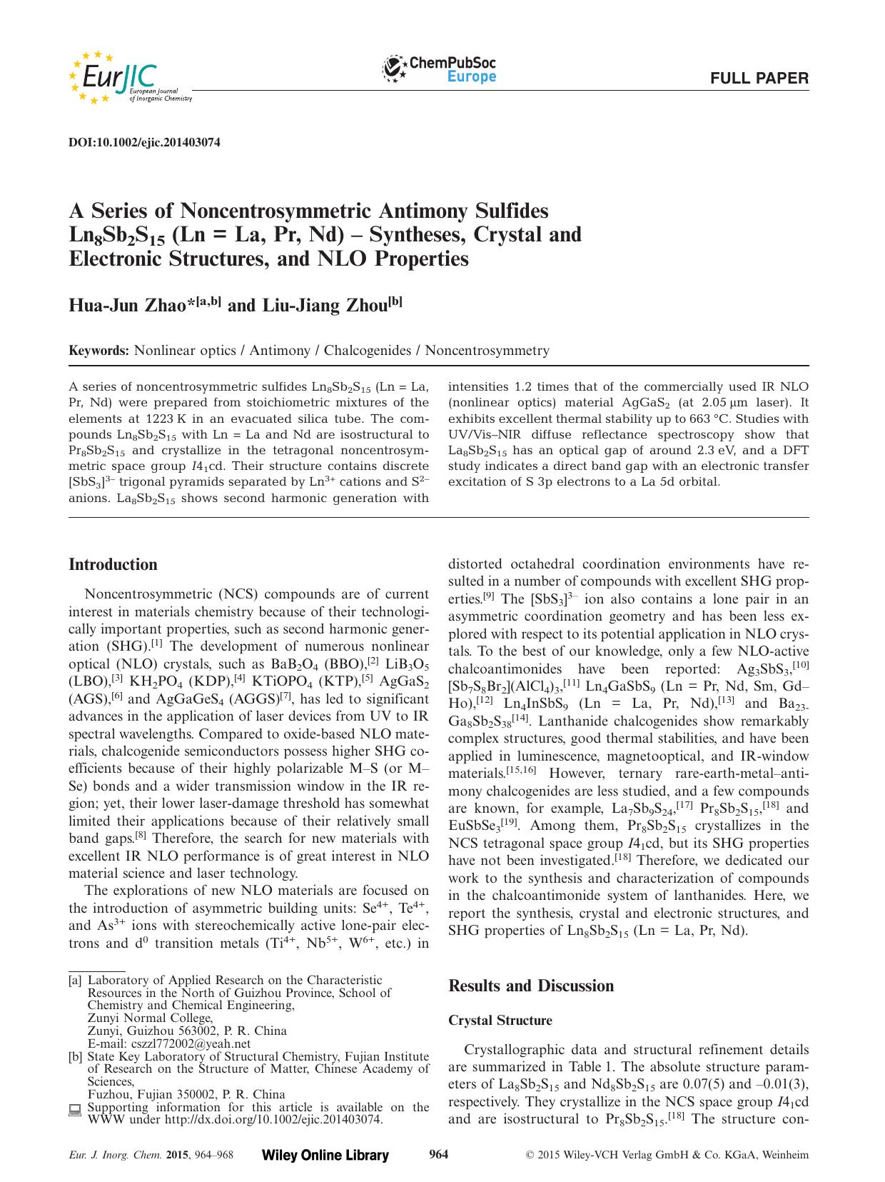 A Series of Noncentrosymmetric Antimony Sulfides Ln8Sb2S15 (Ln = La, Pr, Nd) Syntheses, Crystal and Electronic Structures, and NLO Properties by Unknown