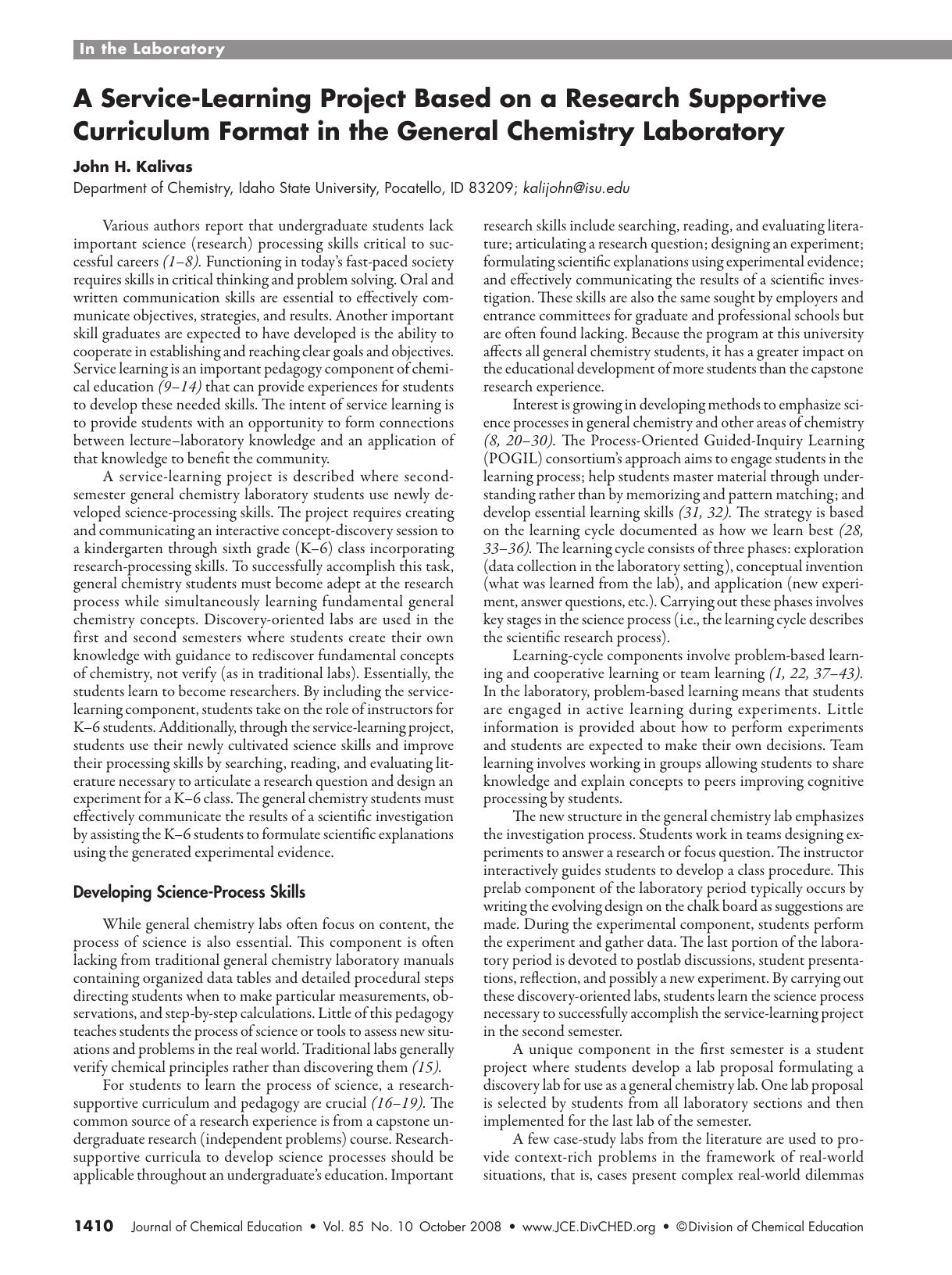 A Service-Learning Project Based on a Research Supportive Curriculum Format in the General Chemistry Laboratory by John H. Kalivas