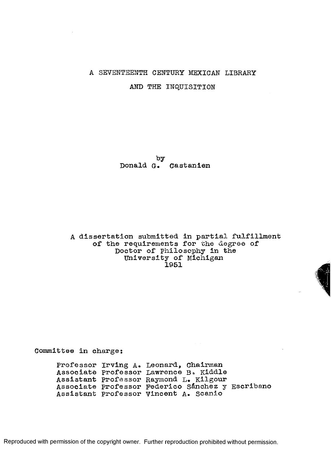 A Seventeenth Century Mexican Library and the Inquisition by Castanien Donald Garner