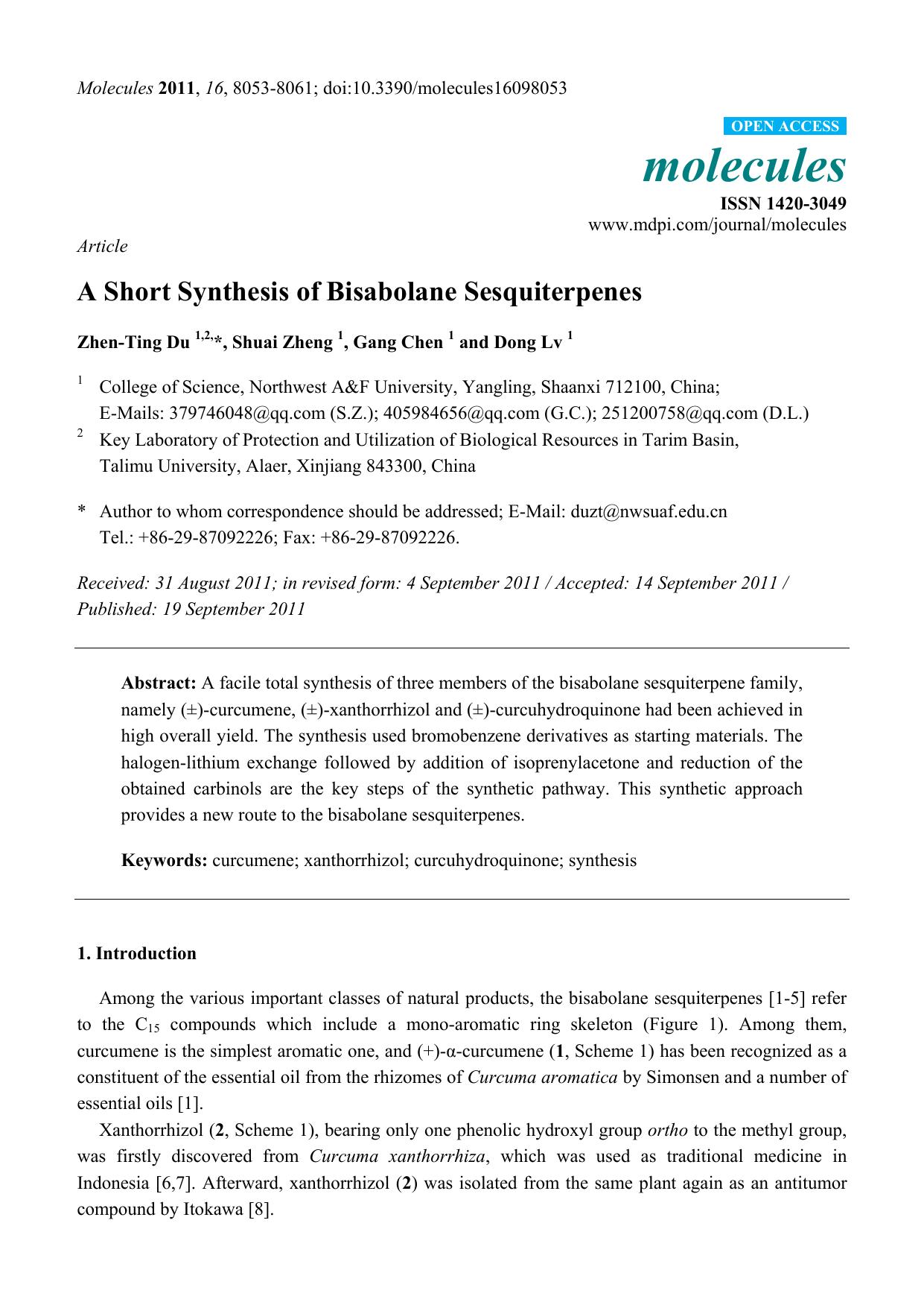 A Short Synthesis of Bisabolane Sesquiterpenes by Zhen-Ting Du & Shuai Zheng & Gang Chen & Dong Lv