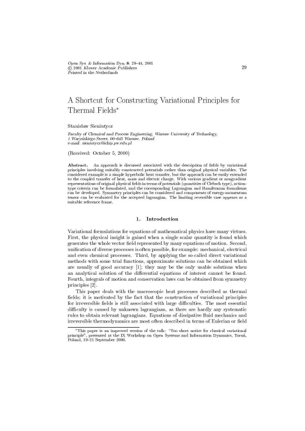 A Shortcut for Constructing Variational Principles for Thermal Fields by Unknown