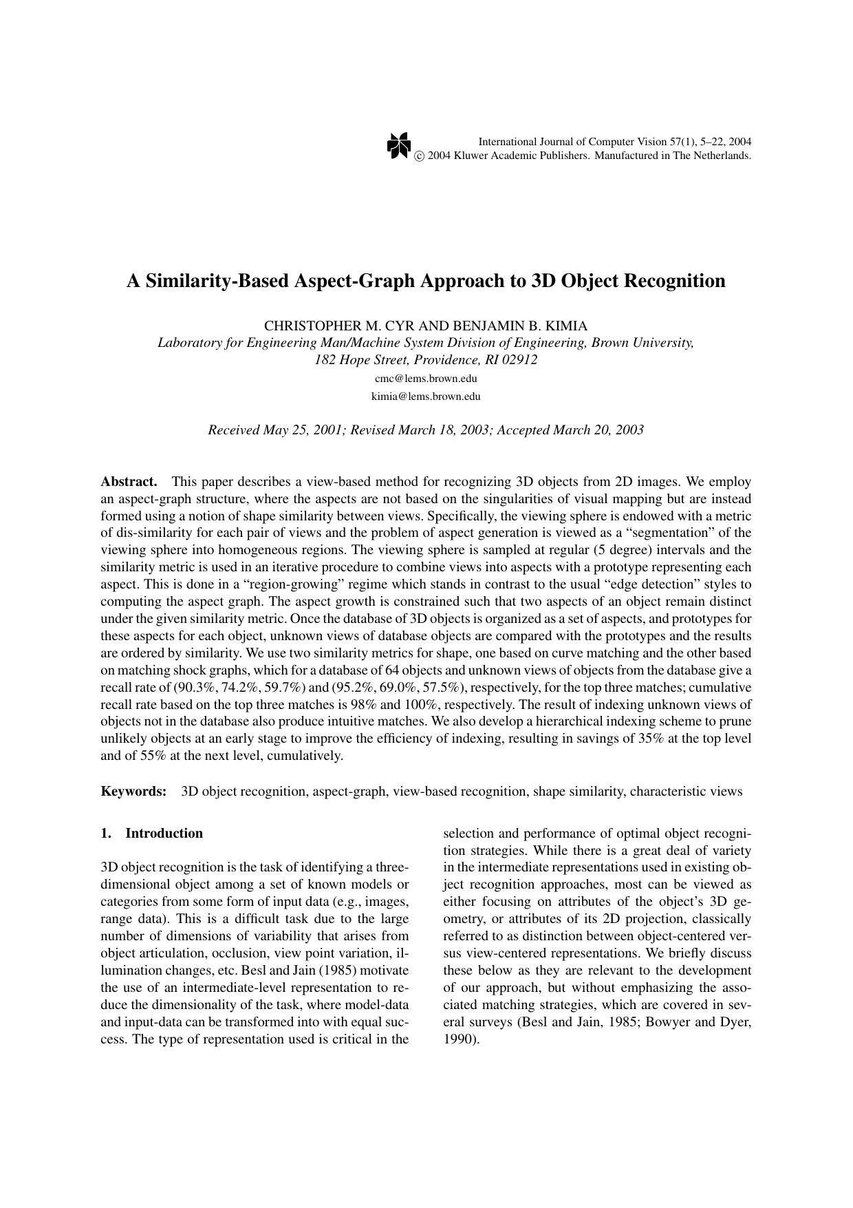 A Similarity-Based Aspect-Graph Approach to 3D Object Recognition by A Similarity-Based Aspect-Graph Approach to 3D Object Recognition