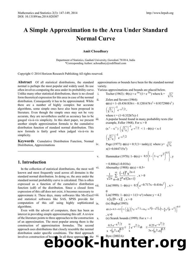 A Simple Approximation to the Area Under Standard Normal Curve by Unknown