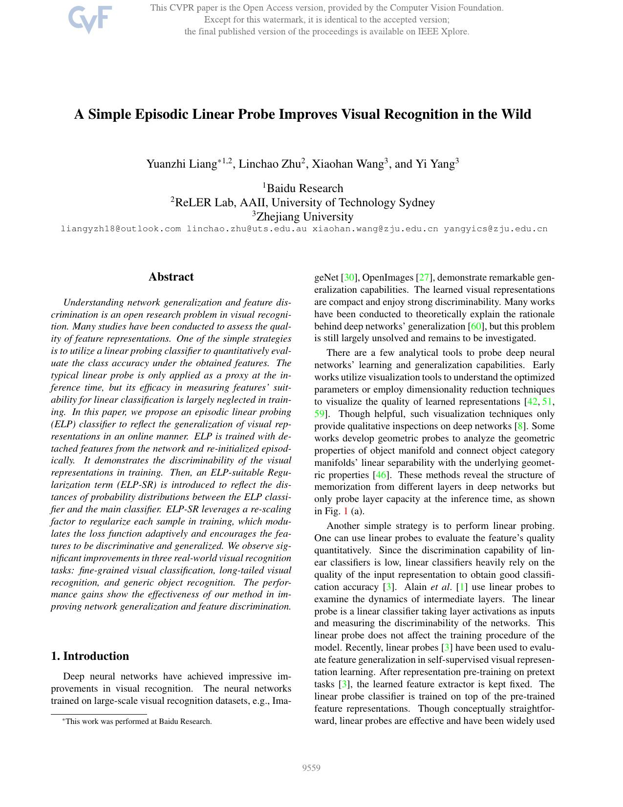 A Simple Episodic Linear Probe Improves Visual Recognition in the Wild by Yuanzhi Liang & Linchao Zhu & Xiaohan Wang & Yi Yang