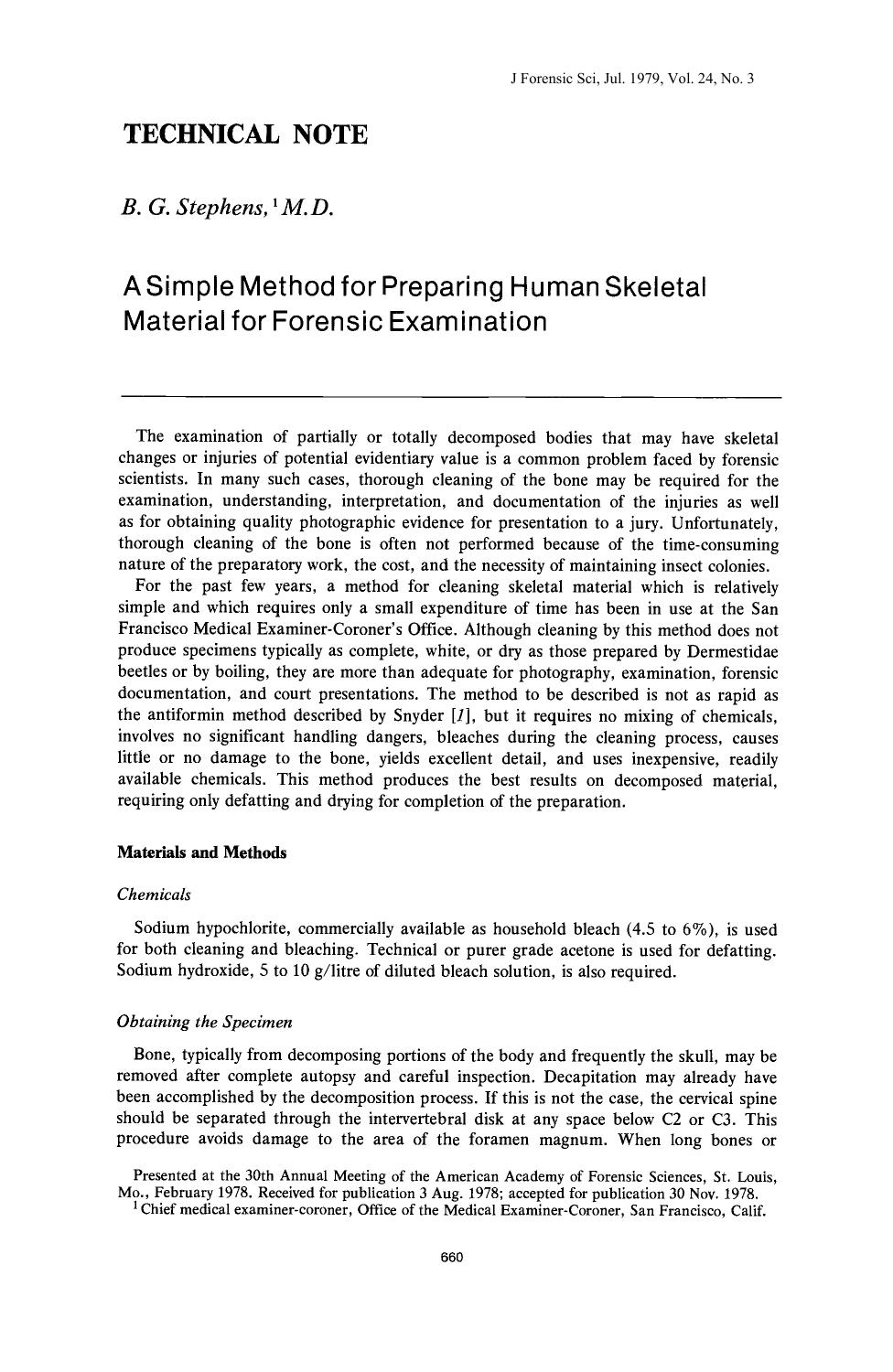 A Simple Method for Preparing Human Skeletal Material for Forensic Examination by Stephens BG