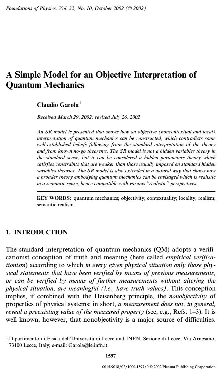 A Simple Model for an Objective Interpretation of Quantum Mechanics by Unknown