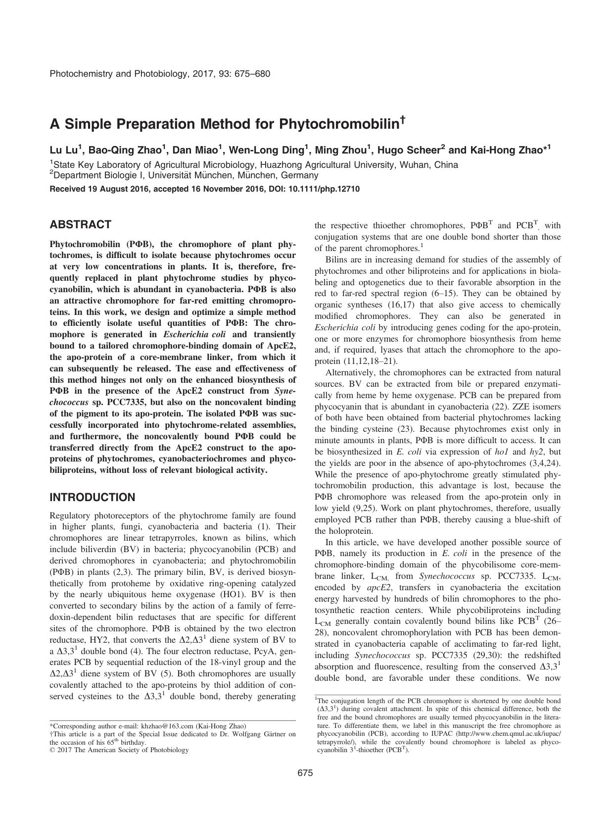 A Simple Preparation Method for Phytochromobilin by Unknown