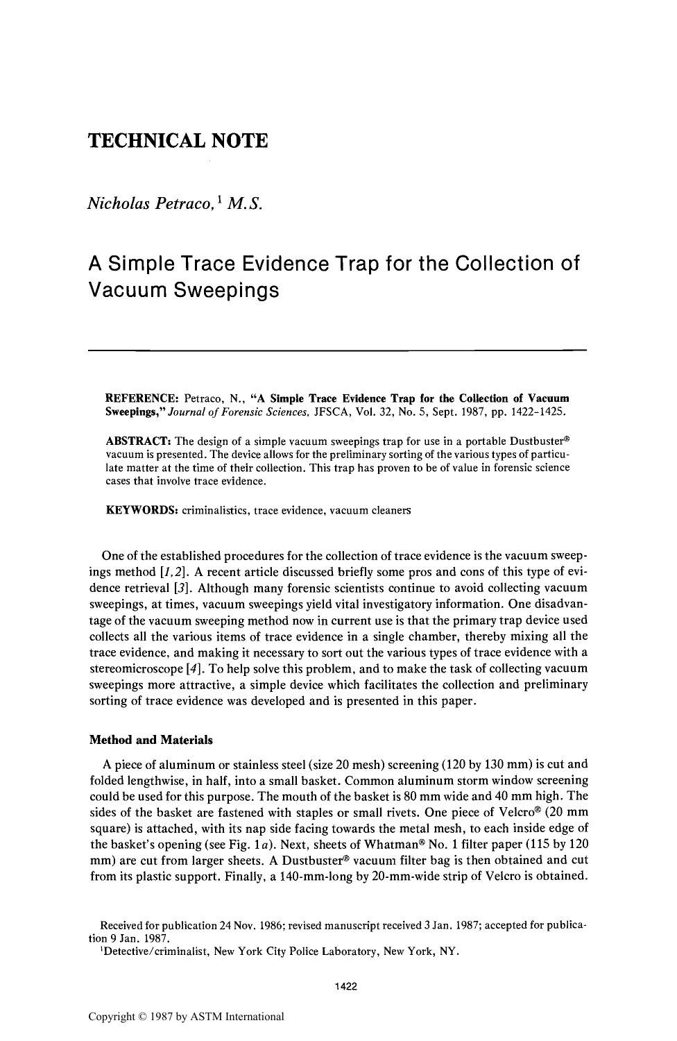 A Simple Trace Evidence Trap for the Collection of Vacuum Sweepings by Petraco N