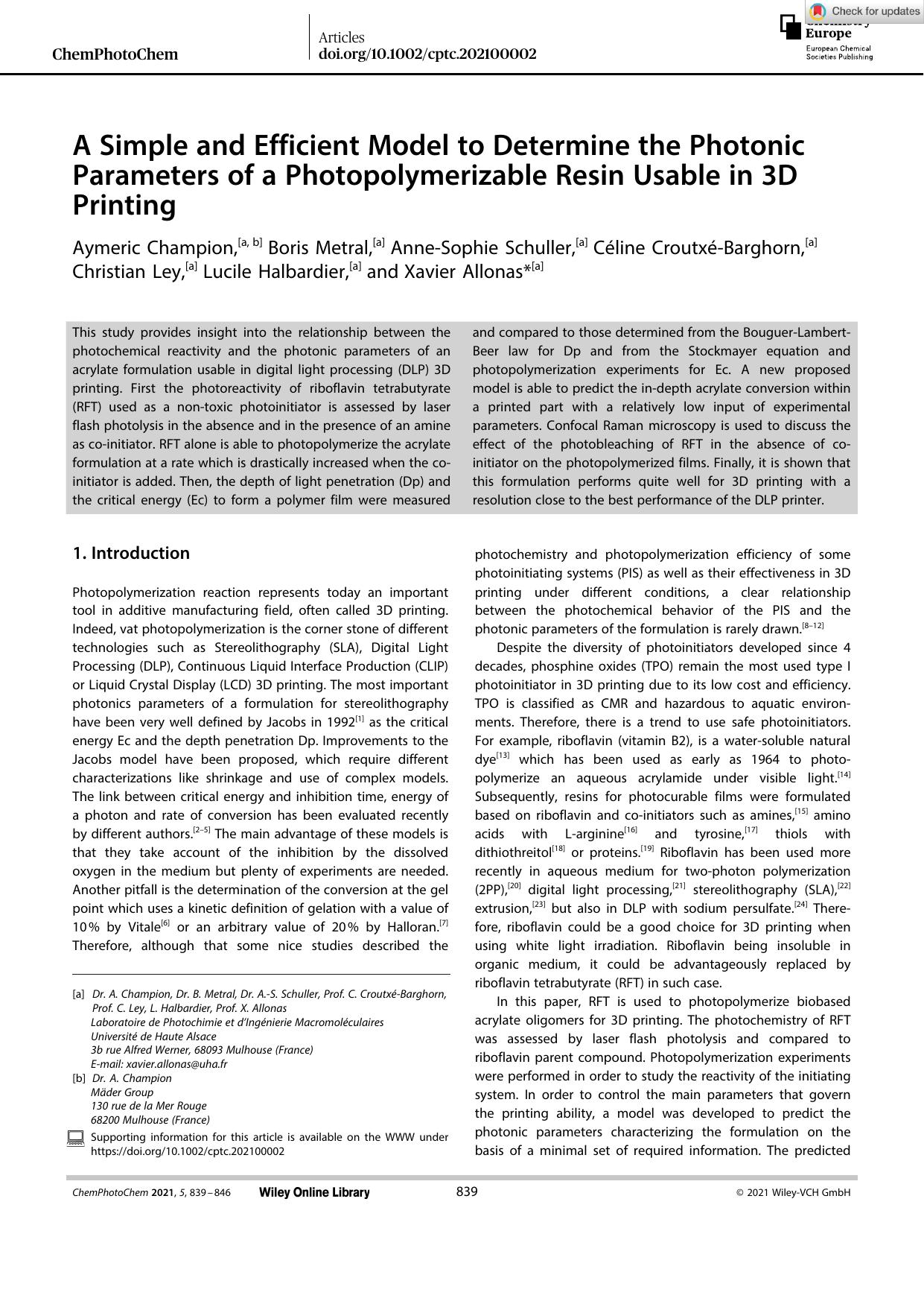 A Simple and Efficient Model to Determine the Photonic Parameters of a Photopolymerizable Resin Usable in 3D Printing by Unknown