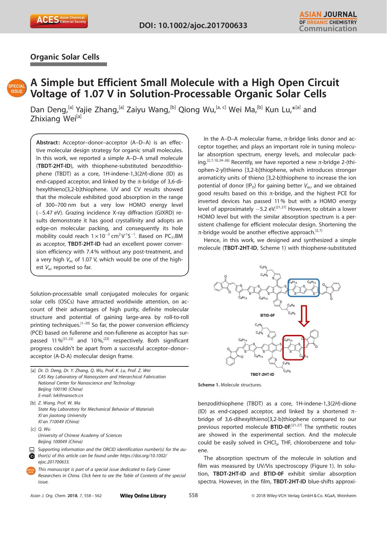 A Simple but Efficient Small Molecule with a High Open Circuit Voltage of 1.07âV in SolutionâProcessable Organic Solar Cells by Unknown
