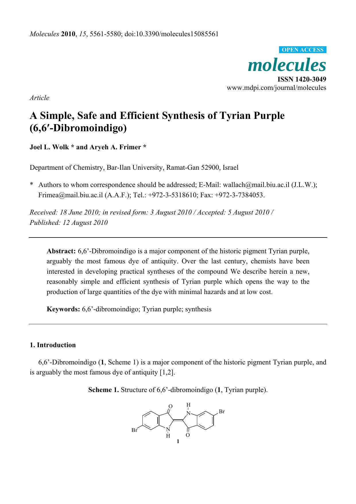A Simple, Safe and Efficient Synthesis of Tyrian Purple by Joel L. Wolk & Aryeh A. Frimer