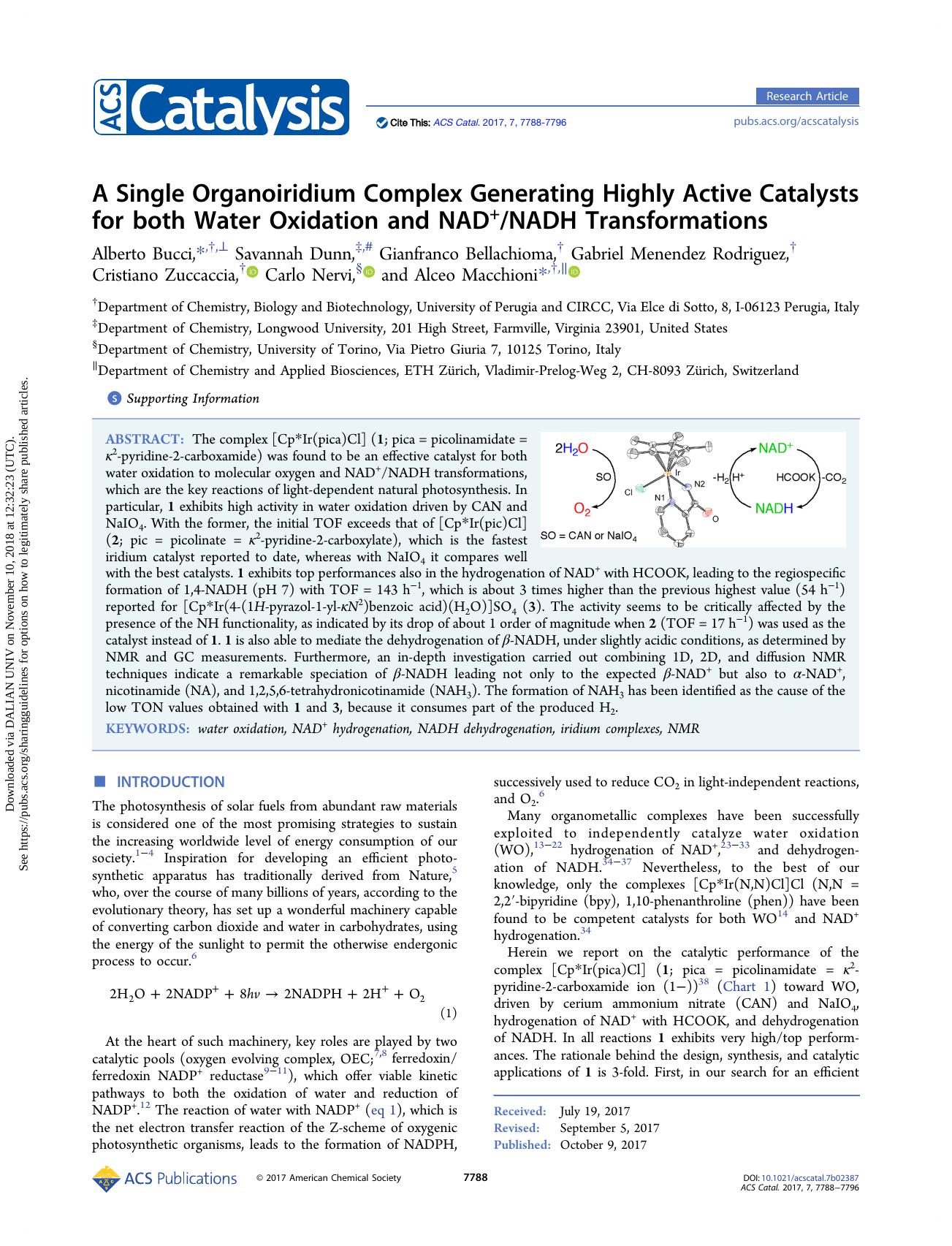 A Single Organoiridium Complex Generating Highly Active Catalysts for both Water Oxidation and NAD+NADH Transformations by unknow