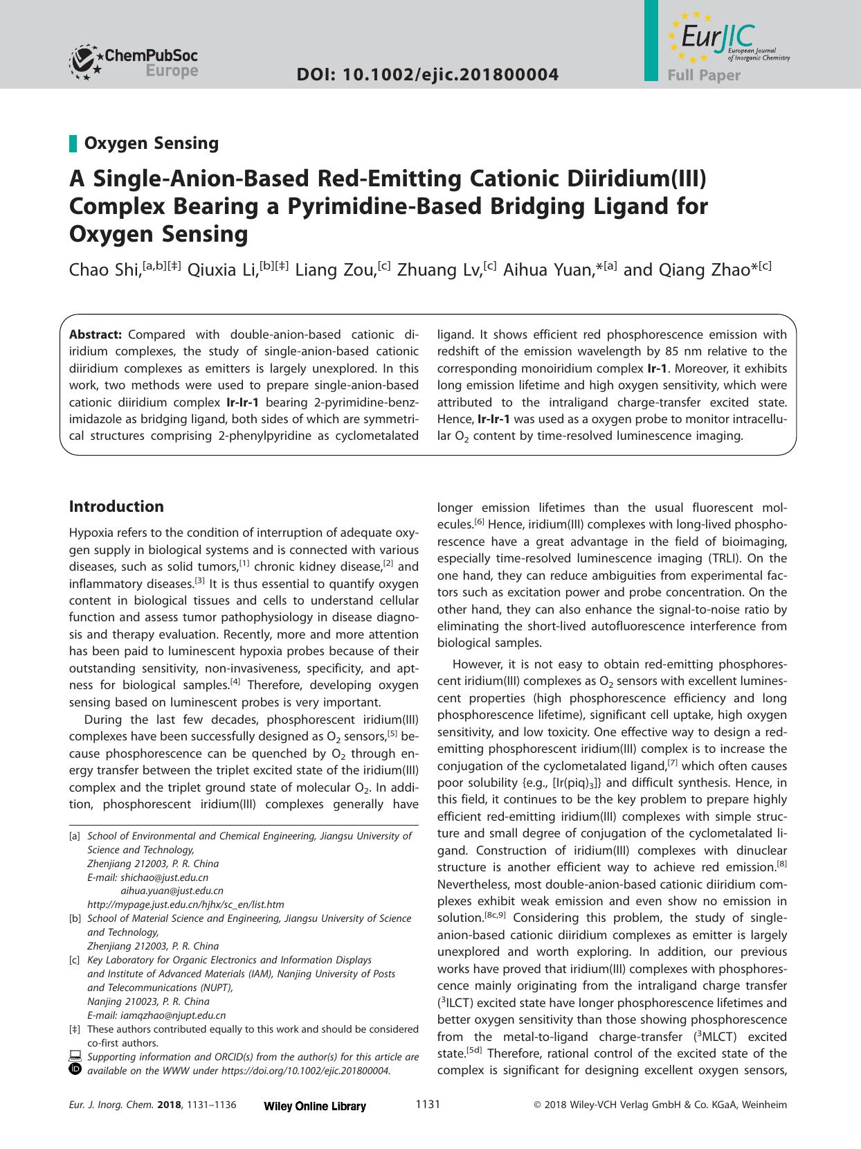 A Single&#x02010;Anion&#x02010;Based Red&#x02010;Emitting Cationic Diiridium(III) Complex Bearing a Pyrimidine&#x02010;Based Bridging Ligand for Oxygen Sensing by Unknown