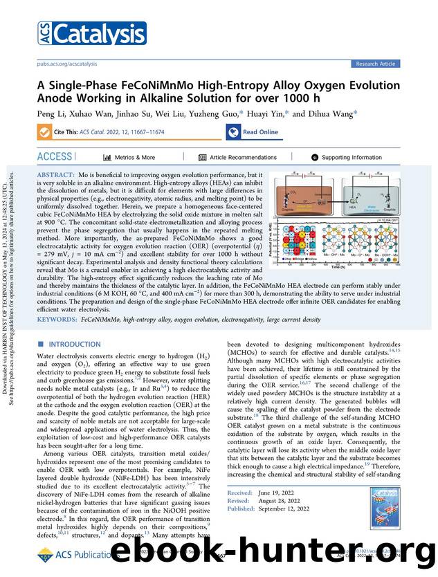 A Single-Phase FeCoNiMnMo High-Entropy Alloy Oxygen Evolution Anode Working in Alkaline Solution for over 1000 h by Peng Li Xuhao Wan Jinhao Su Wei Liu Yuzheng Guo Huayi Yin & Dihua Wang