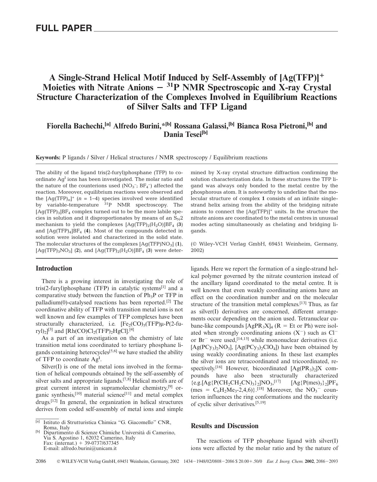 A Single-Strand Helical Motif Induced by Self-Assembly of [Ag(TFP)]+ Moieties with Nitrate Anions - 31P NMR Spectroscopic and X-ray Crystal Structure Characterization of the Comple by Unknown